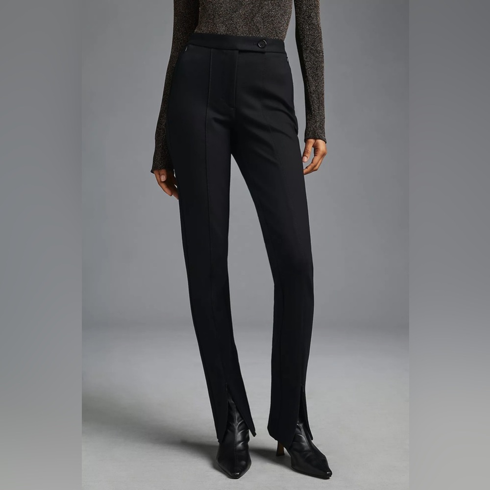 Maeve Black Straight-Leg Pants with Front Slit